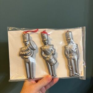 Set Of 3 Metal Toy Nutcracker Soldier Band Silver Christmas Ornaments Tuba Drum